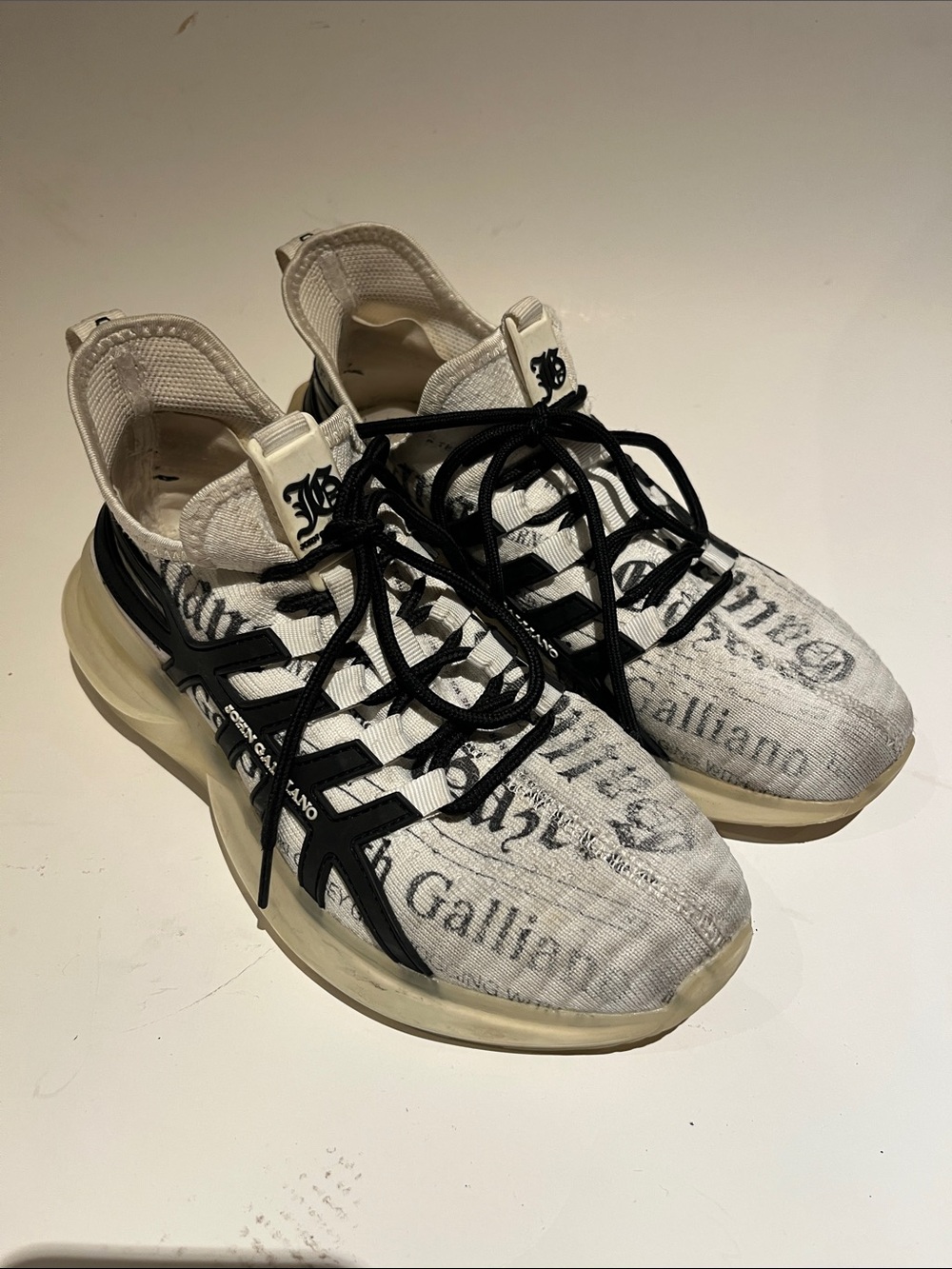 John Galliano White Knit Sneakers with Black Cage & Script Print